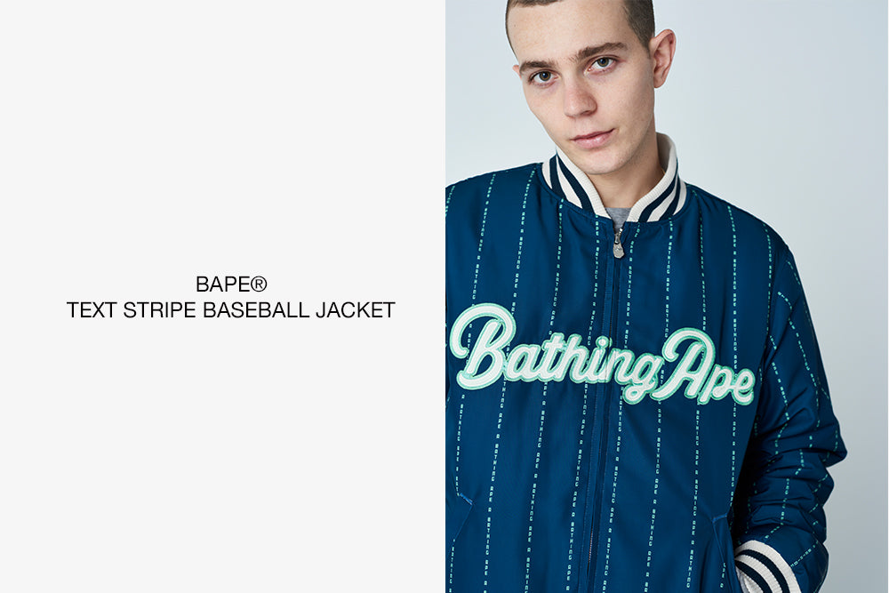 TEXT STRIPE BASEBALL JACKET | bape.com