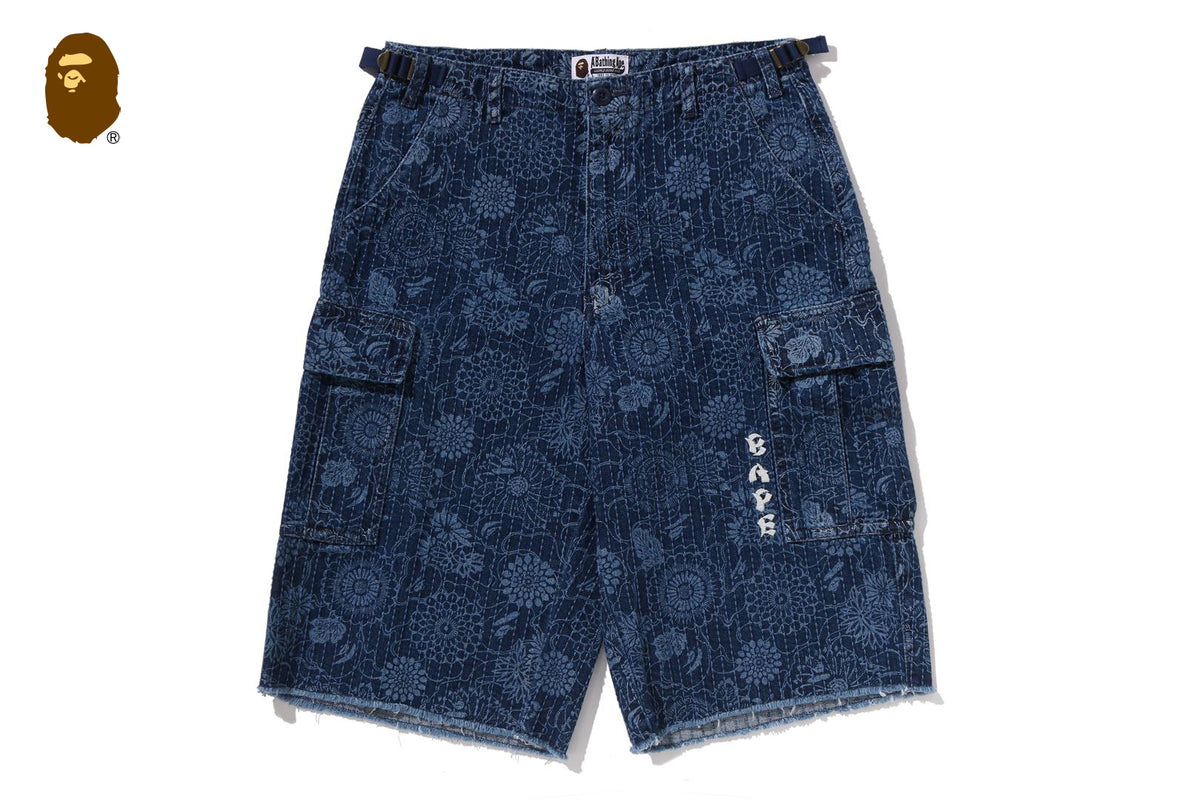 JAPANESE INDIGO ART CAMO JUNGLE DENIM RELAXED FIT CARGO SHORTS