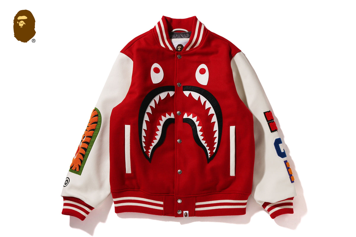 テ*主様 A BATHING APE シャーク スタジャン　ジャケット S SHARK VARSITY JACKET | bape.com