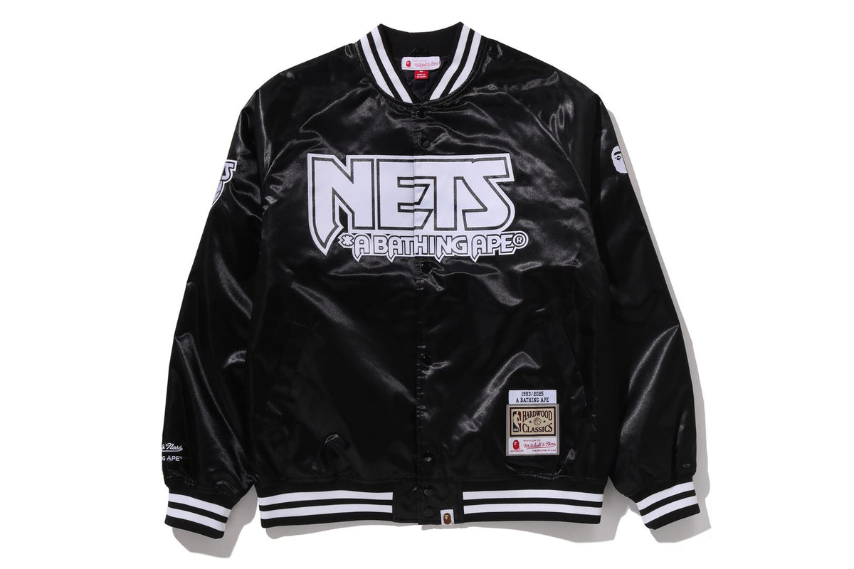BAPE X M&N NBA 】NEW JERSEY NETS SATIN JACKET | bape.com