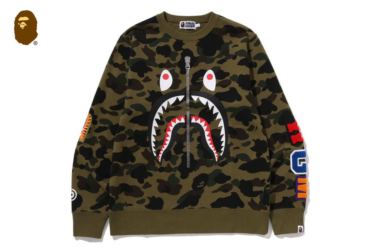 1ST CAMO SHARK CREWNECK SWEATSHIRT | bape.com