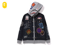 SHARK BAPE EMBLEM DENIM JACKET PRINT ZIP HOODIE