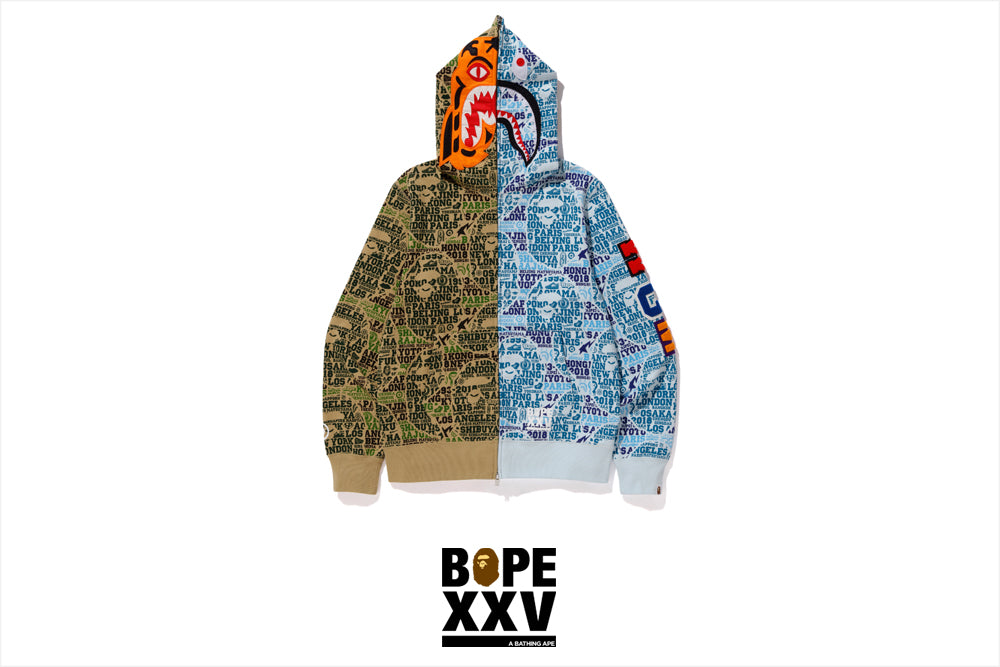 BAPE XXV CITIES CAMO TIGER SHARK HALF FULL ZIP HOODIE