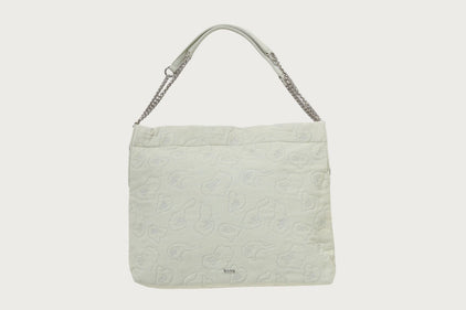 DENIM CAMO QUILTING CHAIN HANDLE TOTE BAG