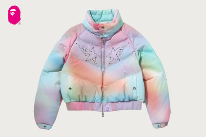 TIE DYE RHINESTONE BAPE STA LEATHER CROPPED DOWN JACKET