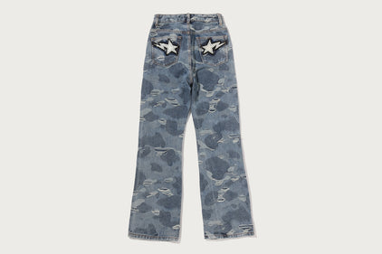 SOLID CAMO JACQUARD DENIM BOOTCUT PANTS