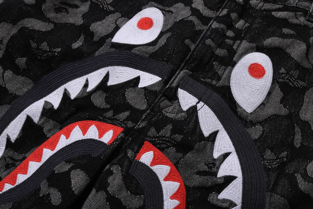 BAPE X ADIDAS 】CAMO JACQUARD SHARK DENIM JORTS | bape.com