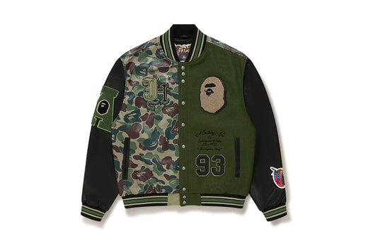 BAPE X JEFF HAMILTON ABC CAMO MULTI LOGO WOOL AND LEATHER JACKET bape