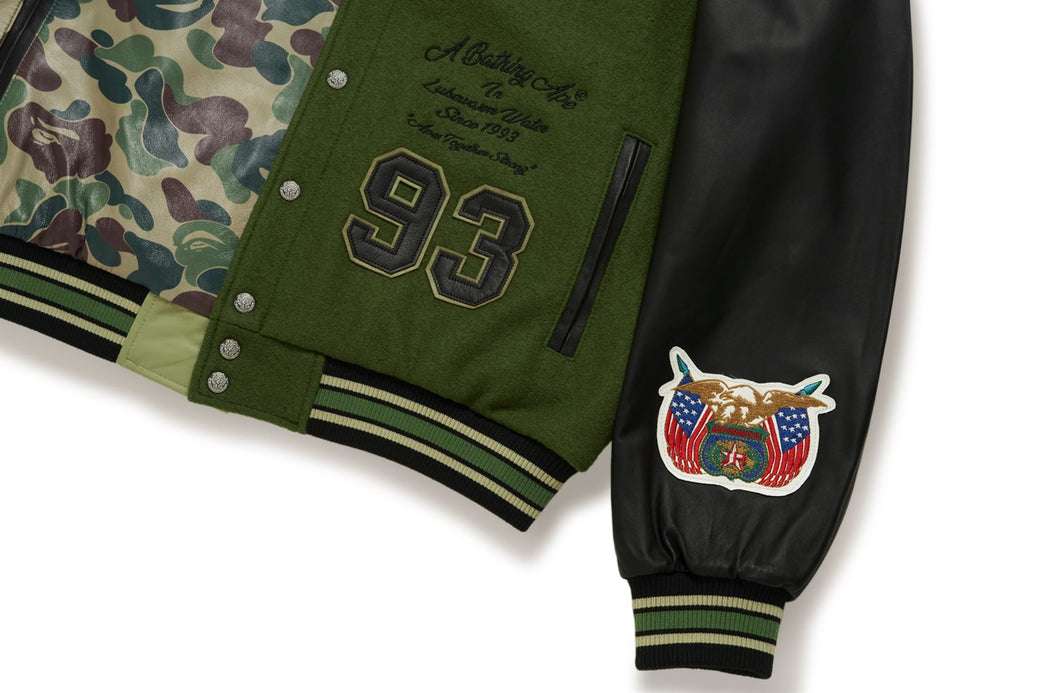 BAPE X JEFF HAMILTON 】ABC CAMO MULTI LOGO WOOL AND LEATHER JACKET