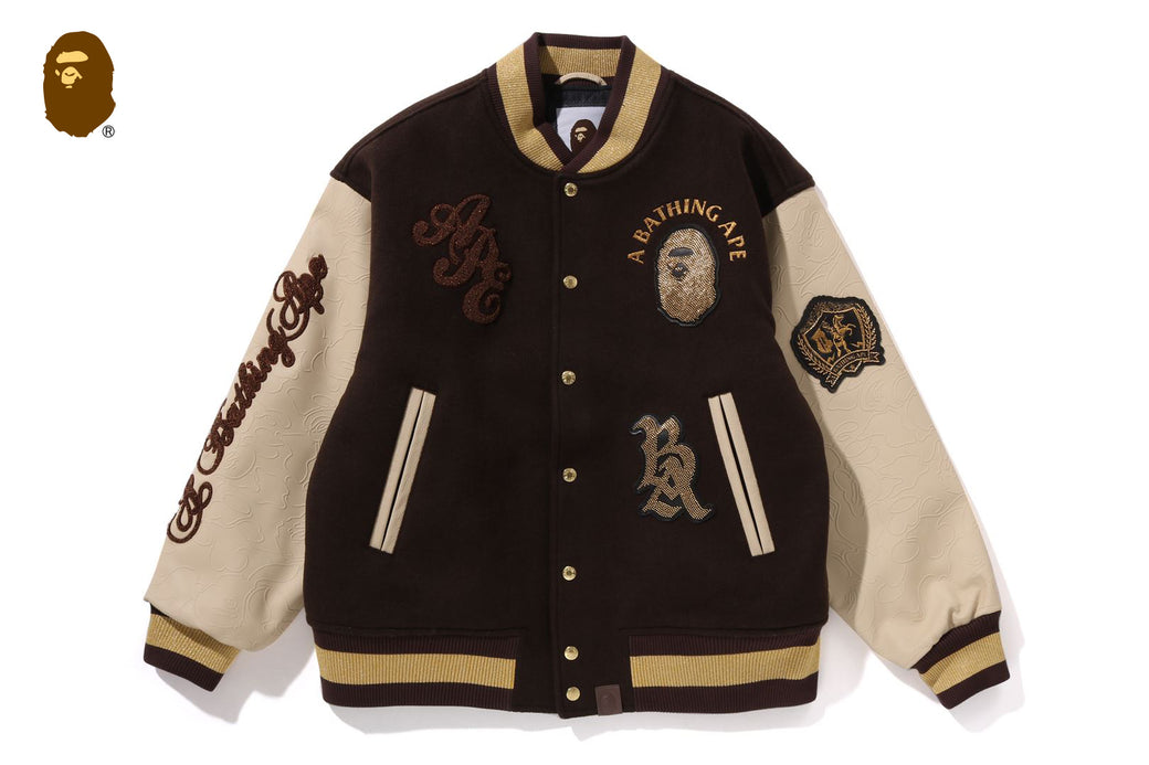 新品タグ付き　BAPE MULTI MOTIF VARSITY JACKET　M Light Brown and Red Wool/Leather Bape Multi Motif Varsity Jacket