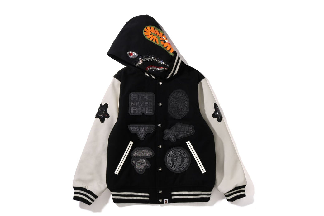 BAPE X SWAROVSKI 】DETACHABLE HOODIE VARSITY JACKET | bape.com
