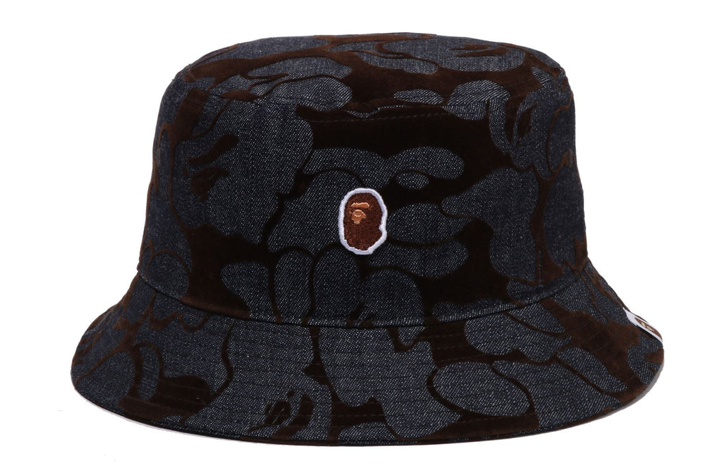 CAMO FLOCKED DENIM ONE POINT BUCKET HAT | bape.com