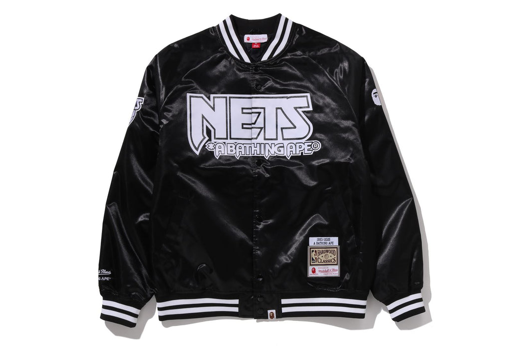 BAPE X M&N NBA 】NEW JERSEY NETS SATIN JACKET | bape.com
