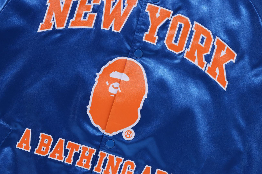 BAPE X M&N NBA 】NEW YORK KNICKS SATIN JACKET | bape.com
