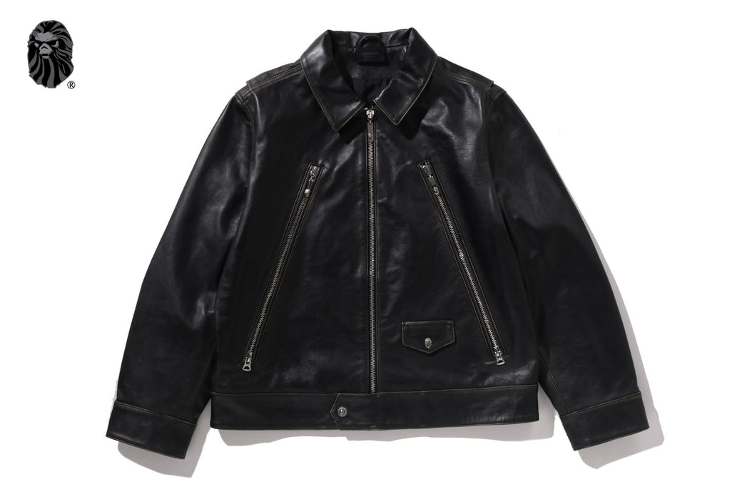 BAPE BLACK WASHED LEATHER BIKER JACKET | bape.com