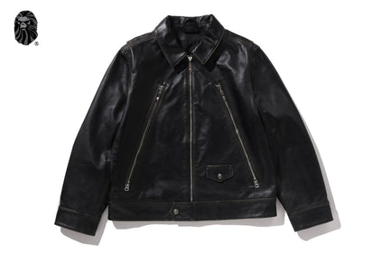 BAPE BLACK WASHED LEATHER BIKER JACKET