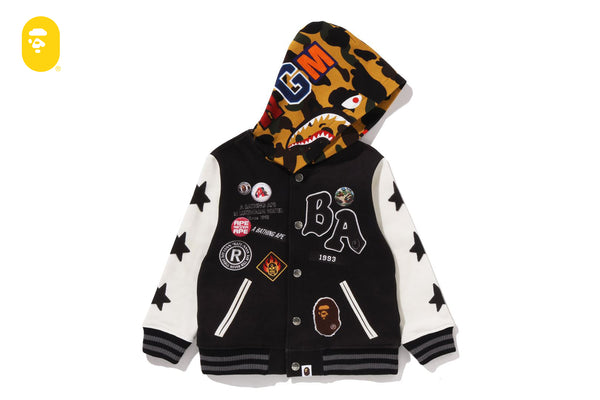 1ST CAMO SHARK HOODIE PRINT SWEAT VARSITY JACKET | bape.com