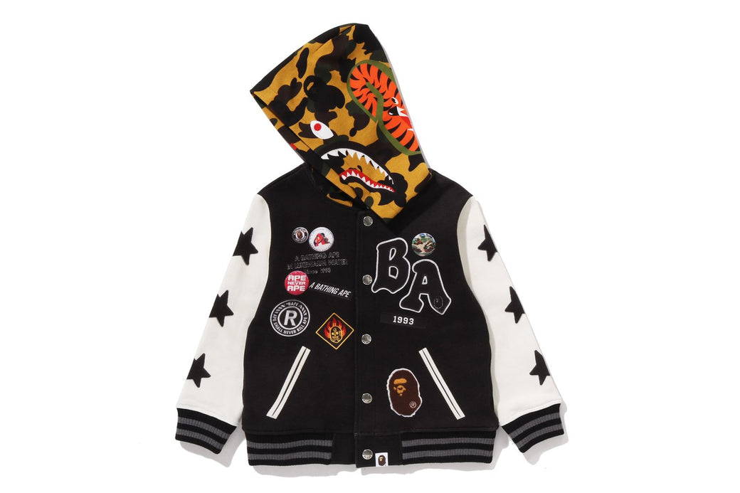 1ST CAMO SHARK HOODIE PRINT SWEAT VARSITY JACKET | bape.com