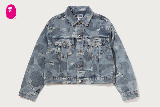 SOLID CAMO JACQUARD DENIM BOXY CROPPED JACKET