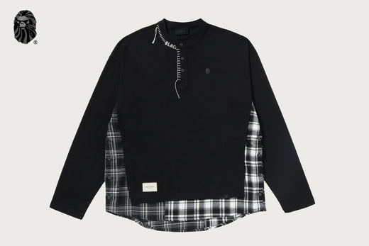 BAPE BLACK LAYERED CHECK HENLEY POCKET LS TEE