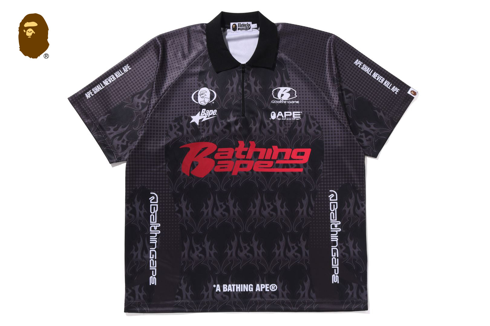 FLAME PATTERN OVERALL PRINT HALF ZIP RELAX FIT POLO SHIRT