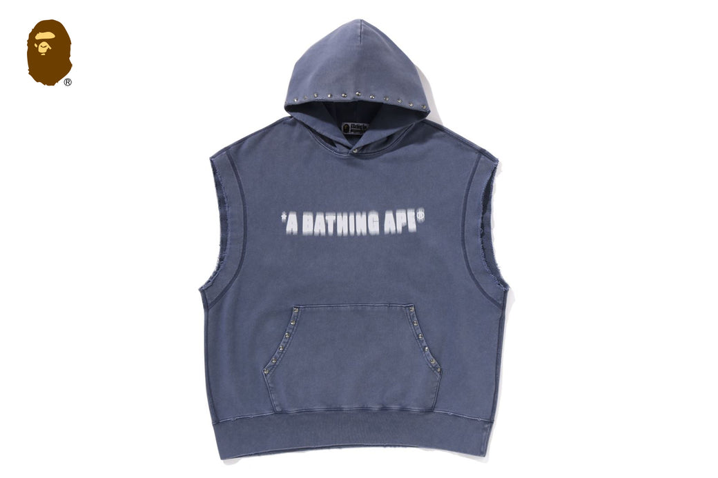 STUDDED GARMENT DYE LOGO SLEEVELESS PULLOVER HOODIE | bape.com