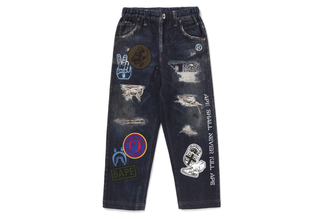 BAPE EMBLEM DENIM PRINT SWEAT PANTS | bape.com