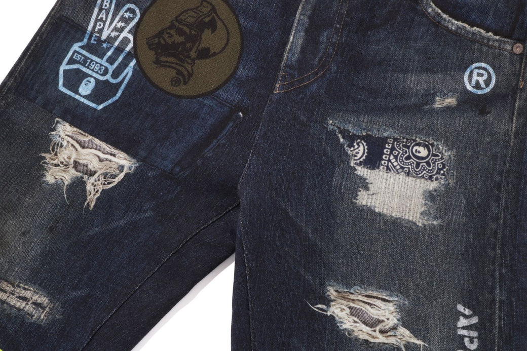 BAPE EMBLEM DENIM PRINT SWEAT PANTS | bape.com