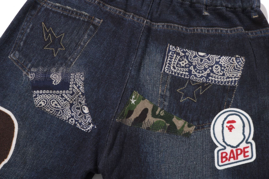 BAPE EMBLEM DENIM PRINT SWEAT PANTS | bape.com