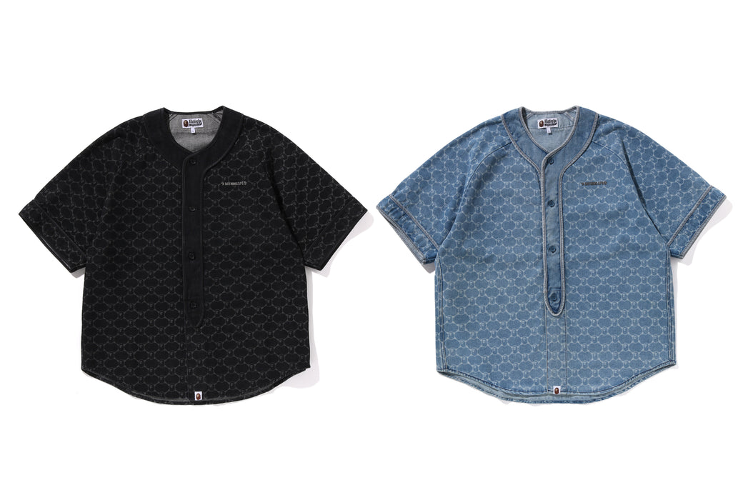 すぐ届く【BAPE】COLLEGE MONOGRAM BASEBALL SS DENIM SHIRT BAPE College Monogram Baseball S/S Denim Shirt Light Indigo