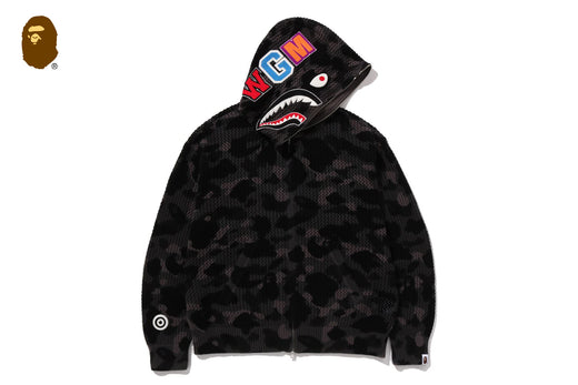 cf13. A BATHING APE 鮫×虎 スタジャン パーカー 黒 COLOR CAMO CROCHET RELAXED FIT SHARK FULL ZIP HOODIE | bape.com