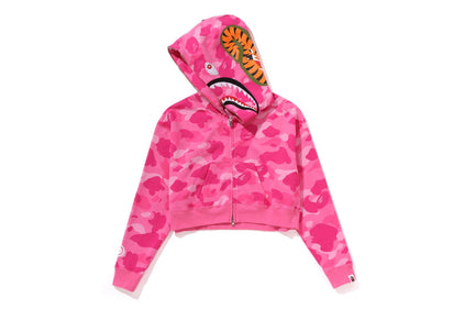 COLOR CAMO CRYSTAL STONE SHARK CROPPED FULL ZIP HOODIE