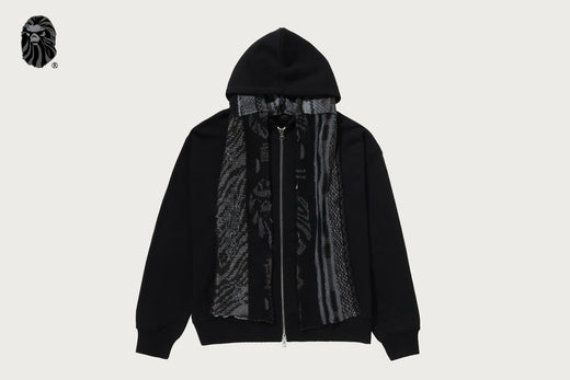 BAPE BLACK TRIBAL INTARSIA KNIT SCARF HYBRID ZIP HOODIE