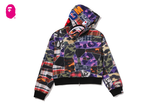 CRAZY PATCH BOXY CROPPED SHARK FULL ZIP HOODIE
