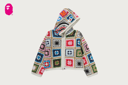 MULTI LOGO CROCHET BOXY CROPPED SHARK FULL ZIP HOODIE