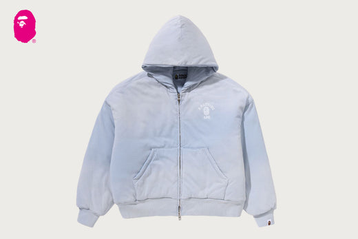 HEAVY WASHED INDIGO COLLEGE BOXY CROPPED QUILTED ZIP HOODIE