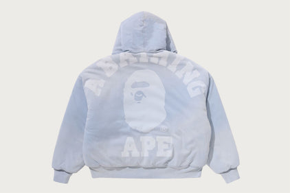 HEAVY WASHED INDIGO COLLEGE BOXY CROPPED QUILTED ZIP HOODIE