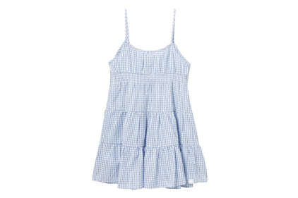 HEART BADGE WOVEN TABLE CHECK CAMI DRESS
