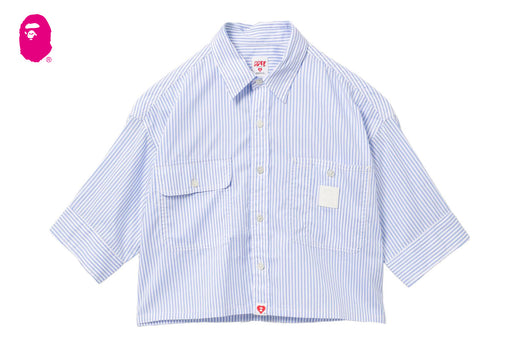PU BADGE SHORT SLEEVES CANDY STRIPE SHIRT